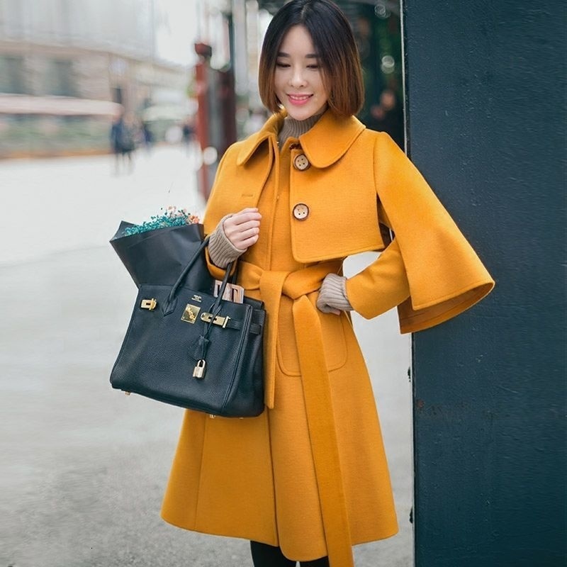 

Women's Wool Blends Autumn And Winter Small Clothing Ginger Yellow British Lapel Mid-length Two-way Dressing Cape Woolen Coat 221114