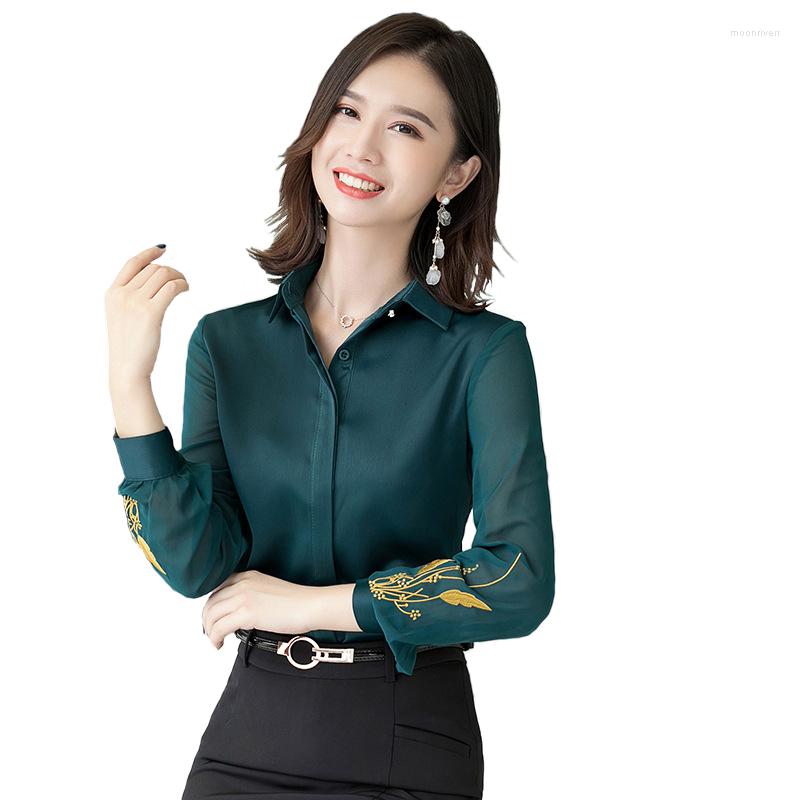 

Women's Blouses High-end Professional Satin Embroidered Shirt Women Camisas Autumn Fashion Long Sleeve Slim Office Ladies Work Tops, Black