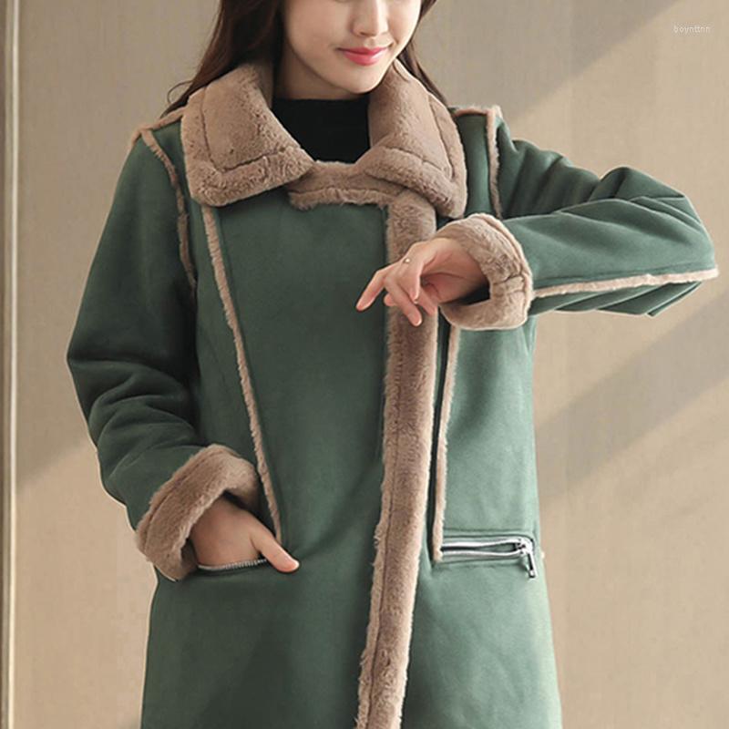 

Women' Down Winter Women Zipper Medium Long Coats Cotton Solid Sleeve Outerwear Thick Parkas Female Lambswool Casual Trench Jackets, Green