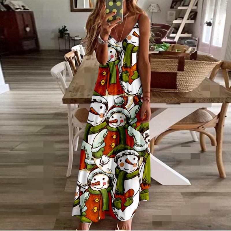 

Casual Dresses Spring Summer Women V-Neck Snowman Printed Sexy Beach Long Maxi Dress Split Sleeveless Vintage Clothing Holiday Vestido, Xy02384x08-a504
