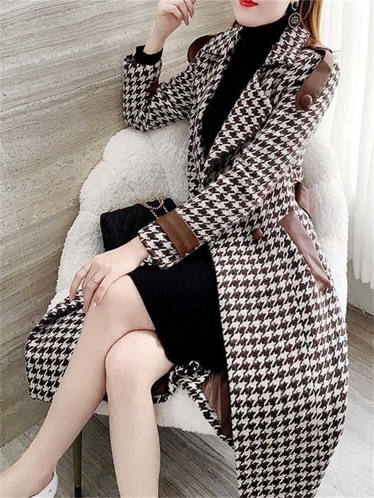 

Women' Wool Blends Woman Long Plaid Woolen Coat Houndstooth Overcoat 221114