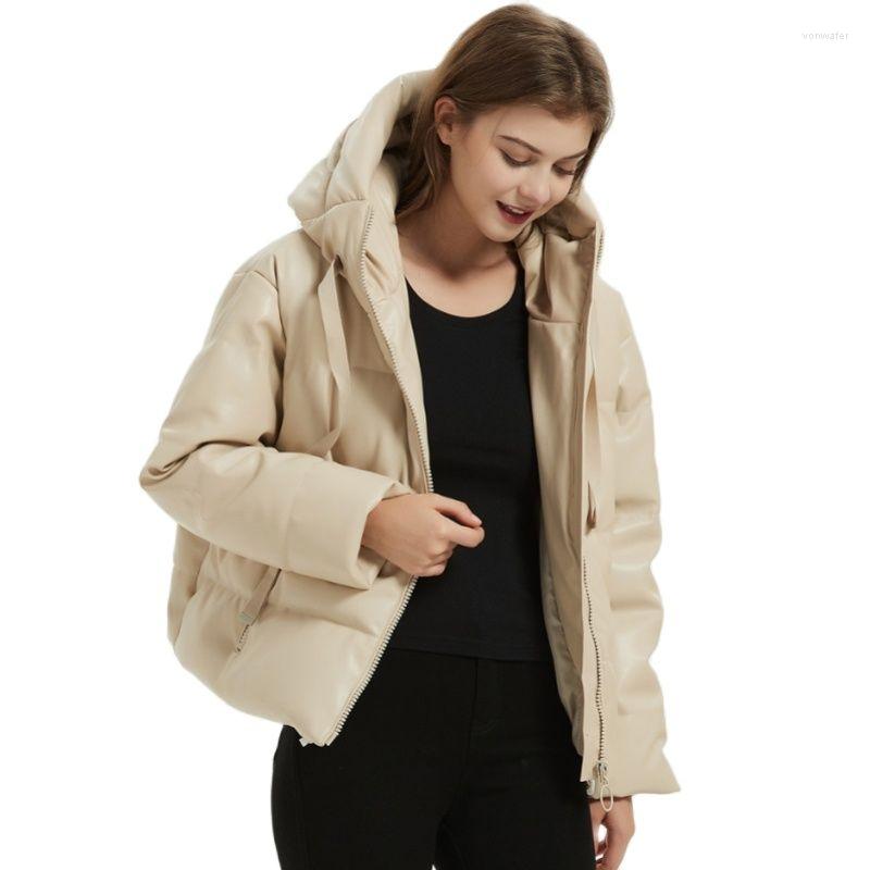 

Women's Leather YDTOMM Padded Jacket Coat Long Sleeve Hooded Parka Female Elegant Outerwear Tops Faux Fashion Thick Warm PU Women, Khaki