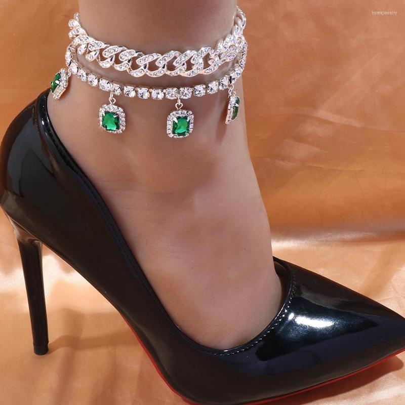 

Anklets Two Piece Green Pendant Anklet Jewelry Bracelet Women Hip Hop Punk Summer Miami Rhinestone Cuban Link Chain Set Iced Out