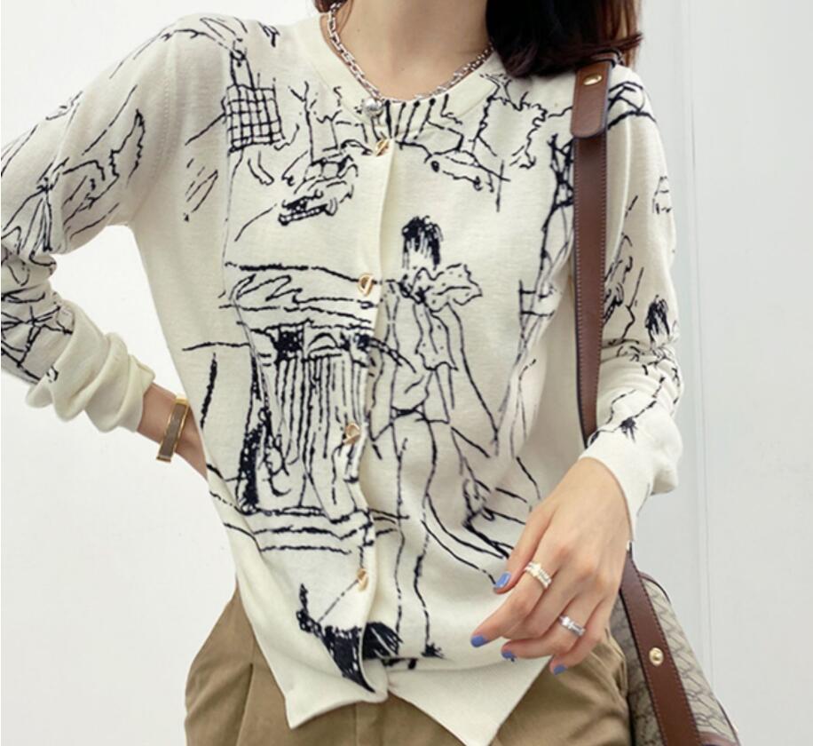 

Women's Sweaters Designer V-Neck Knitted Graffiti Korean Style Elegant And Chic Top Fine imitation Wool PopularJacket, 02
