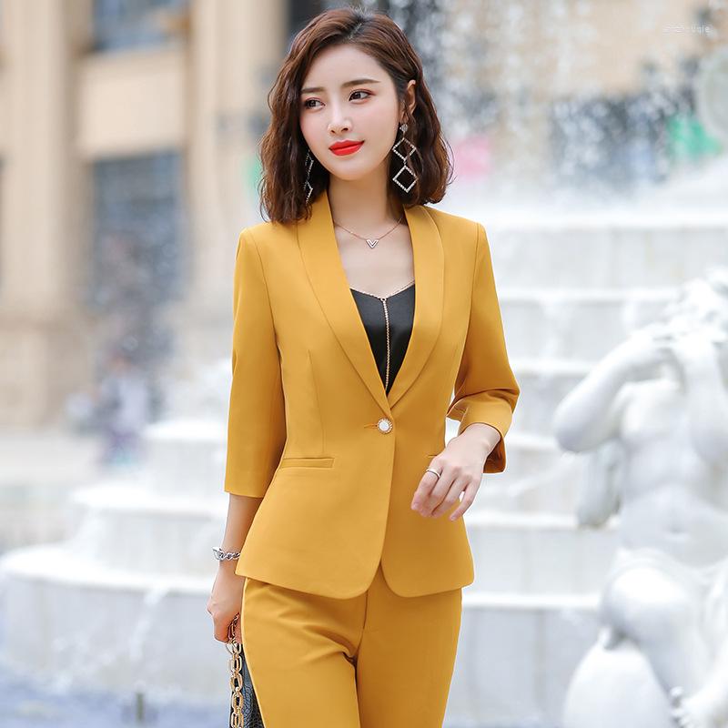 

Women' Two Piece Pants Professional Women' Suits 2022 Autumn Five-point Sleeves Solid Color Slim Suit Temperament Casual Trousers, Yellow