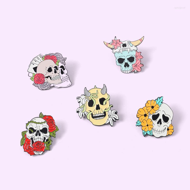 

Brooches Flowers And Skull Pin For Woman Funny Clothes Lapel Accessories Metal Enamel Pins Badge Small Bag Jewelry Friend
