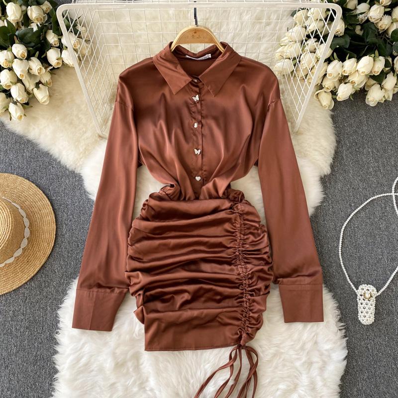 

Casual Dresses French Chic Satin Dress Long Sleeves Shirring Female Turn-Down-Collar Autumn Vestidos Women Clothes Drop, Light khaki