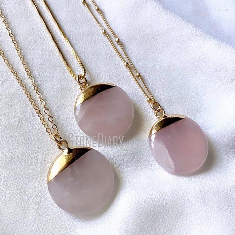 

Pendant Necklaces NM36595 Rose Quartz Coin Pink Crystal Medallion Gold Filled Satellite Chain Gemstone Layering Necklace Gift Idea