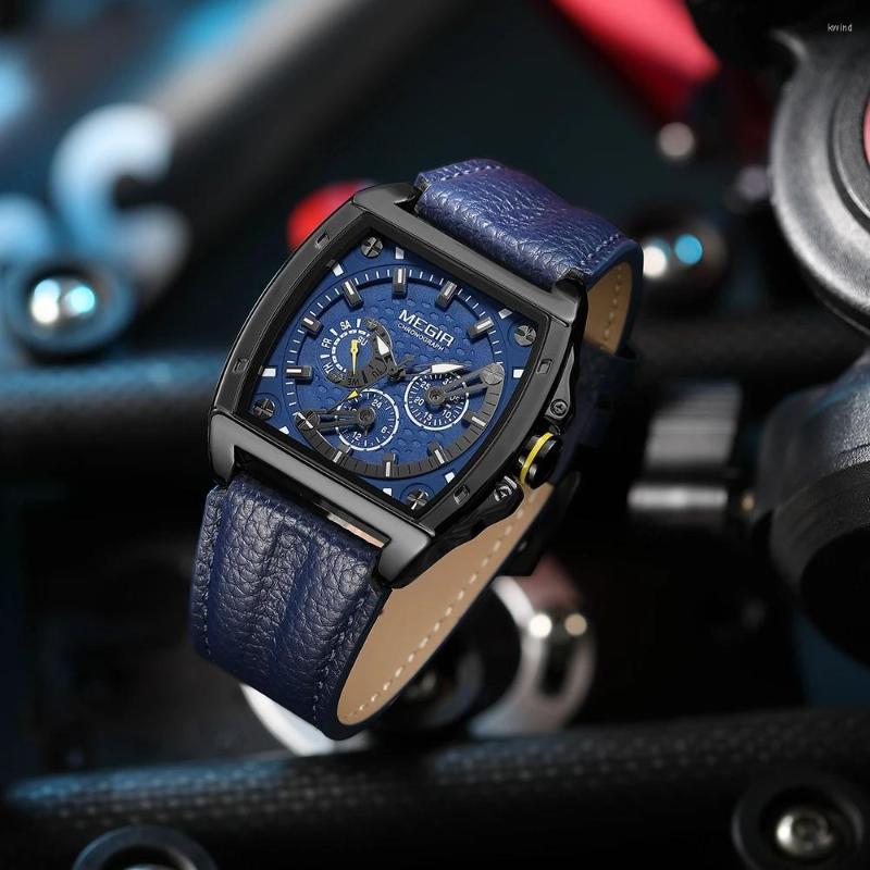 

Wristwatches MEGIR Luxury Watch For Men Quartz Sport Waterproof Rectangle Man Watches Military Fashion Leather Strap Wristwatch Male Clock, 2204 02 without box