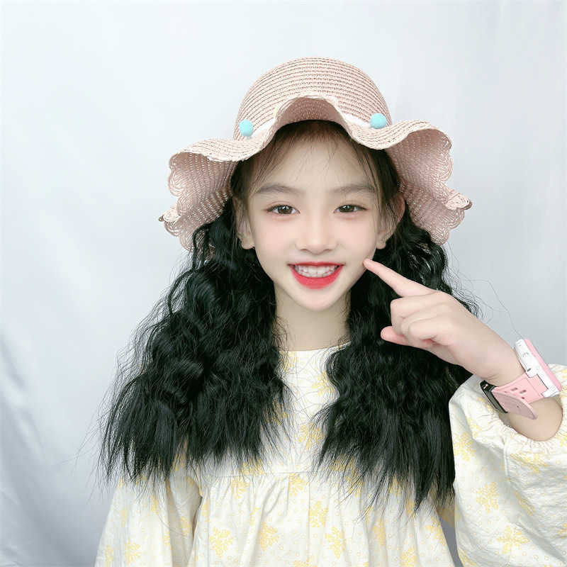

Women's Hair Wigs Lace Synthetic Wigs Children's Sunshade Hat Long Hair Can Be Tied with Double tail Wool Curl Wig Head Cover, Pink cap: black wig