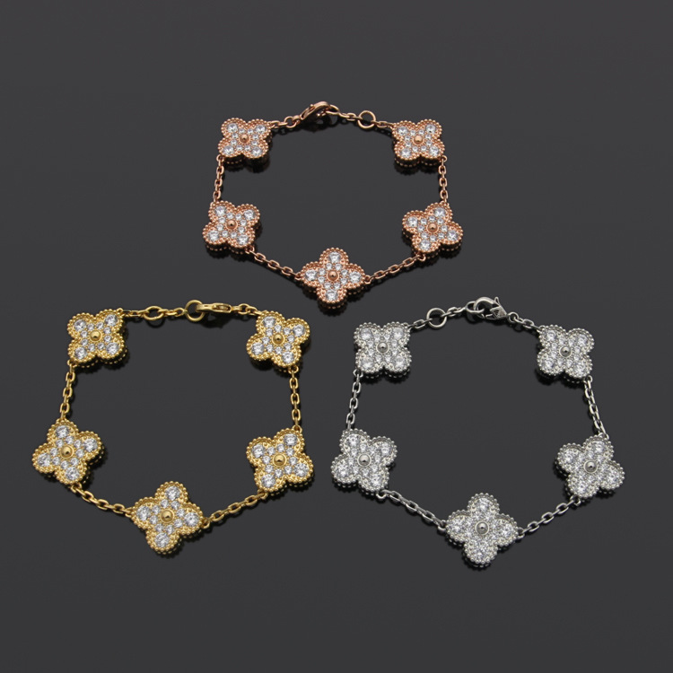 

Womens Luxury Designer Chain Bracelet Five Flowers Four-leaf Clover Full of Diamond Bracelets 18K Gold Silver Rose Gold Bracelets Jewelry