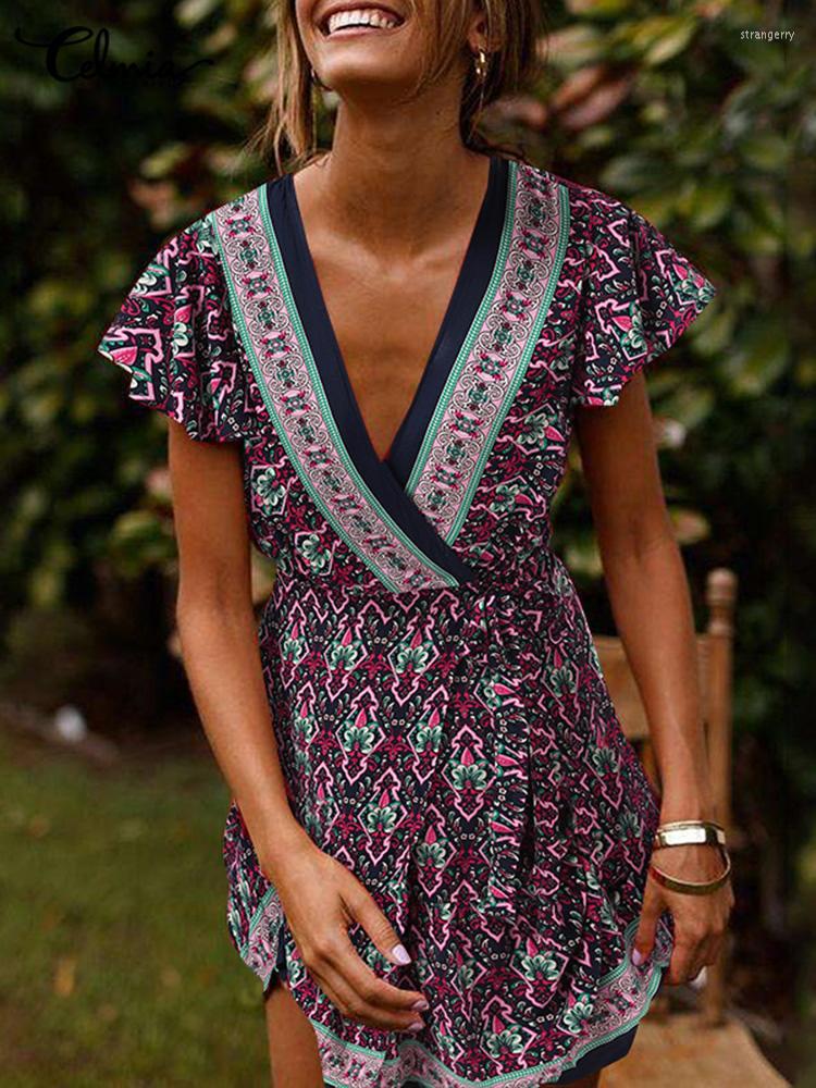 

Party Dresses Celmia Bohemian Floral Printed Sundress Beach V-neck Dress Women 2022 Summer Sexy Ruffles Sleeve Mini Fashion Pleats Robe, Red