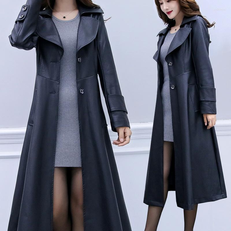 

Women's Leather Spring And Autumn Long Black Soft Artificial Women's Sleeve Button Slim Elegant Comfortable Versatile Jacket