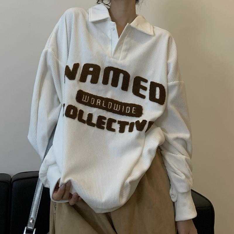 

Women's Hoodies Sweatshirts Corduroy sweater for women in spring and autumn new Korean version loose letter, White plush