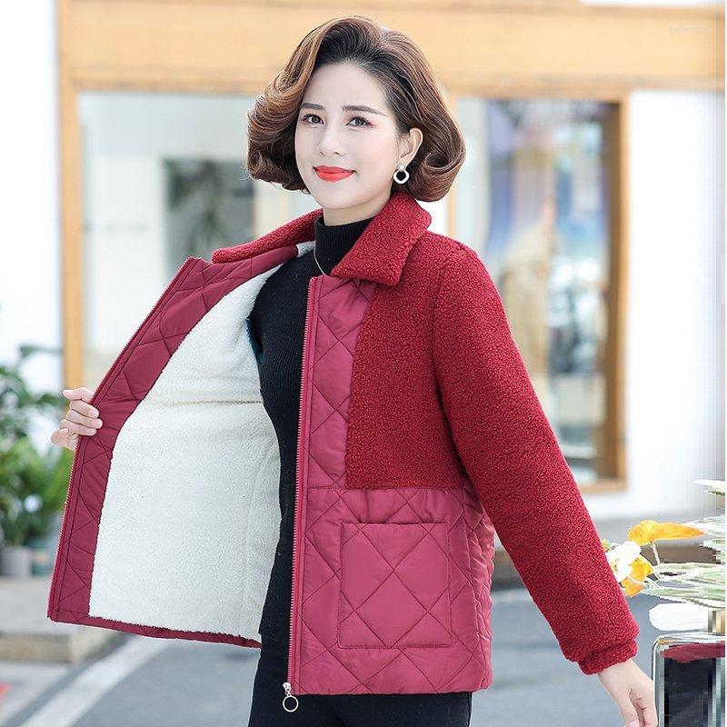 

Women's Down Middle-aged Mother Winter Jacket Fashion Parkas Thick Cotton Lamb Wool Patchwork Short Coat Warm Loose Casual Outwear, Brown