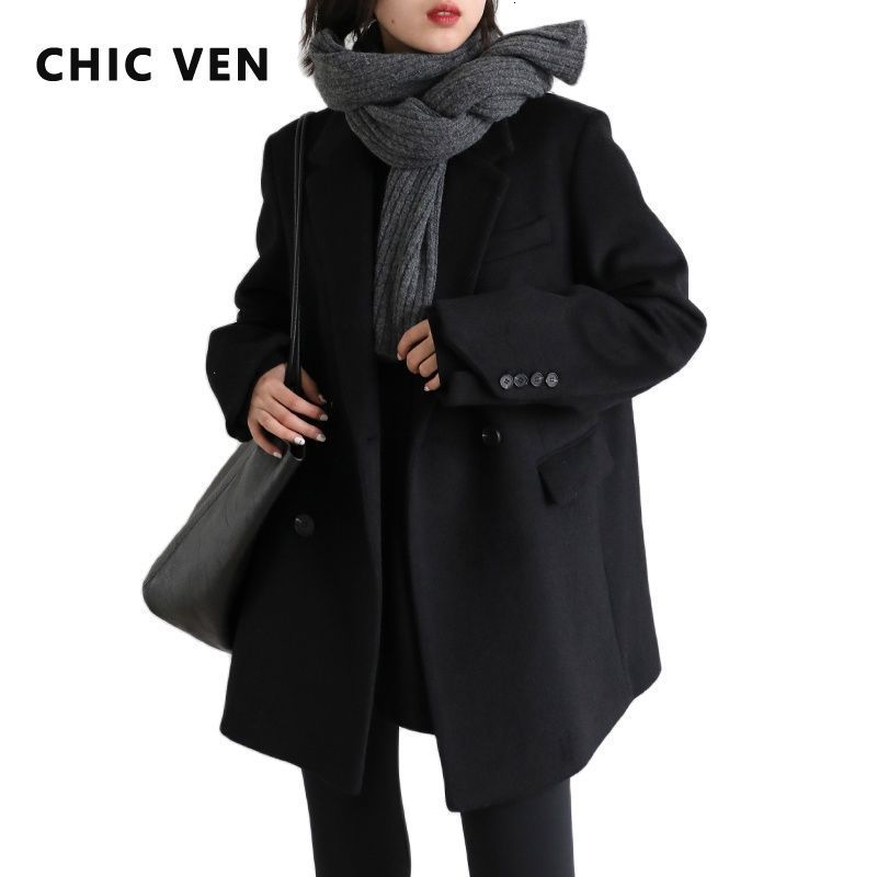 

Women' Wool Blends CHIC VEN Women Blend Coat Solid Mid Long en Blazer Thick Warm Blouse Overcoat Office Lady Tops Autumn Winter 221114, Black