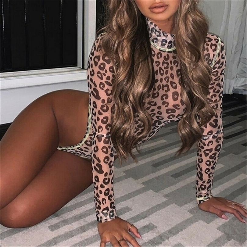 

Womens Jumpsuits Romper Bodysuit Sexy Slim Fit Long Sleeve Leopard Print Skinny High Neck Spring Autumn Fashion 221113, Beige
