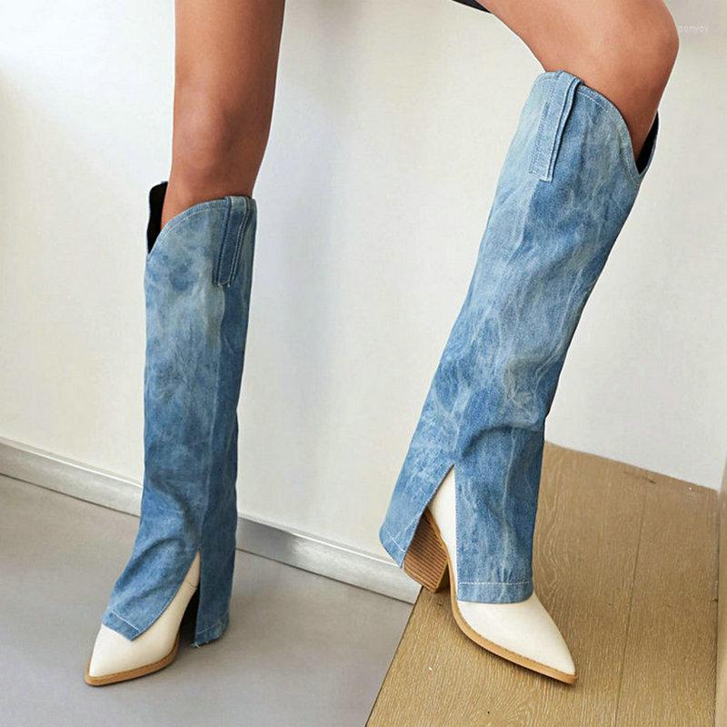 

Boots 2022 Women Knee High Fashion Pointed Toe Square Heel Ladies Western Denim PU Leather Slip On Women's, Blue