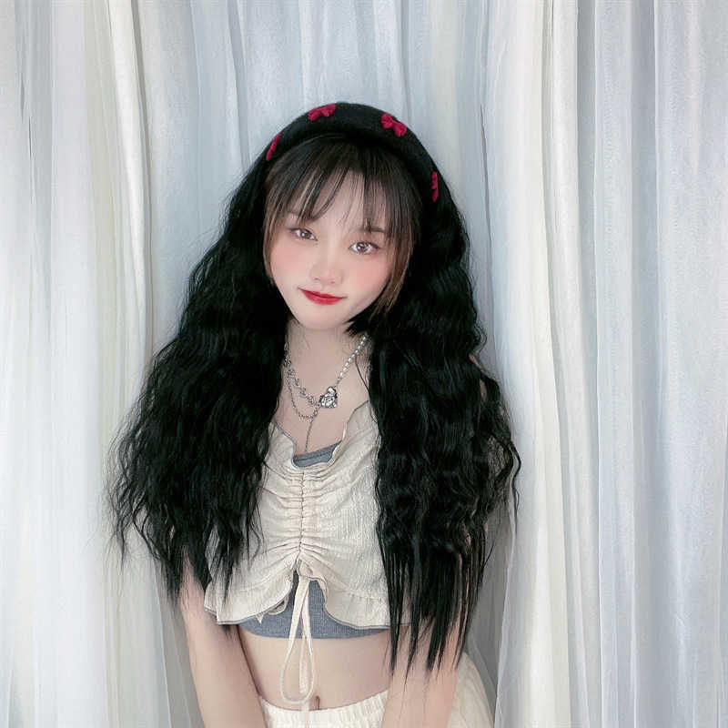 

Women's Hair Wigs Lace Synthetic Hoop Wig Female Half Head Wool Net Red Seaml Long Curly Hair Cover, Dark brown