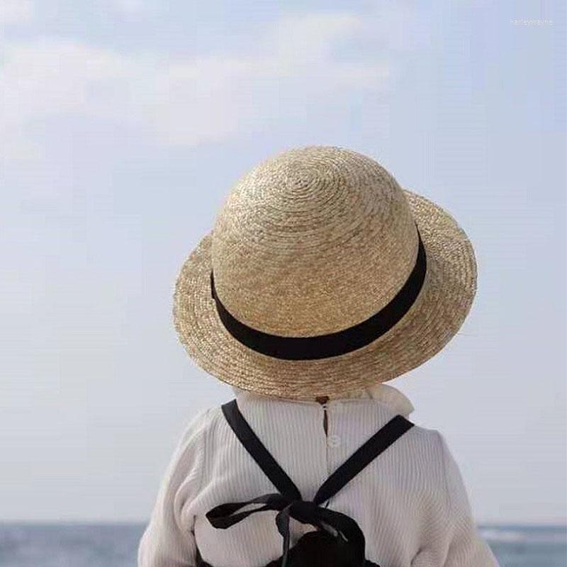 

Berets Children's Summer Hat Wide Brim Dome Black Border Wheat Straw Cute Girl Cap Travel Outdoor Beach Sun Protection Caps, Black ribbon-kid