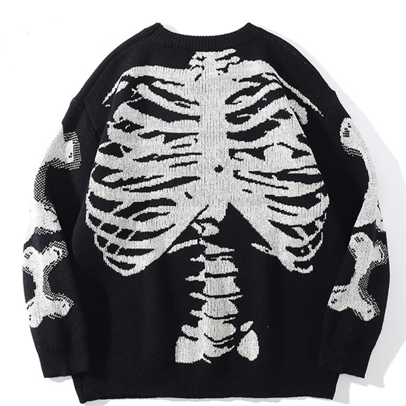 

Mens Sweaters Men Oversized Black Loose Skeleton Bone Print Women Vintage Retro Knitted Autumn Cotton Pullover Unisex 221112, Hei