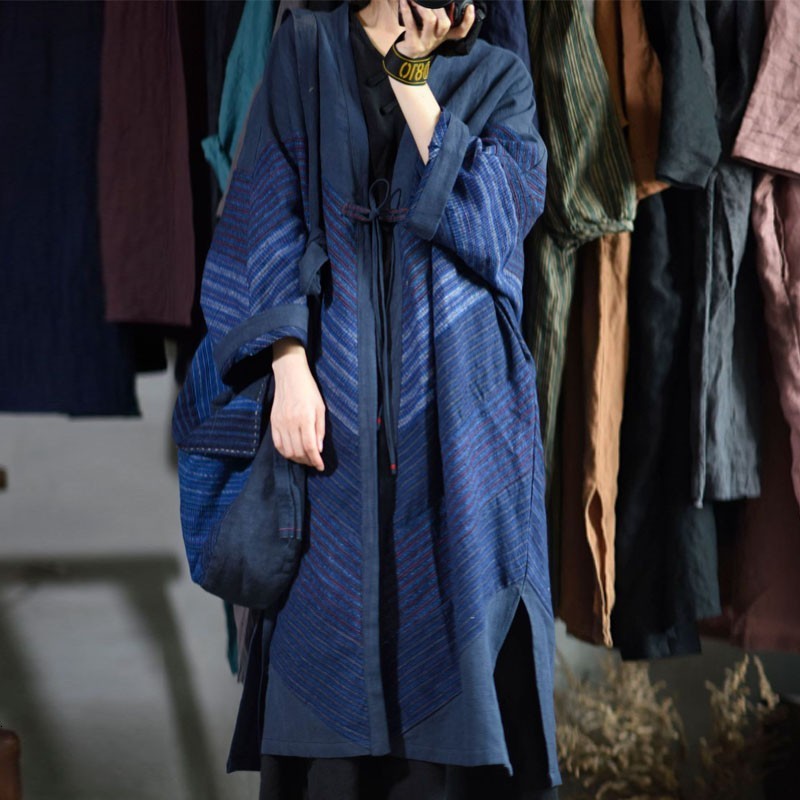 

Women's Trench Coats Johnature Fashion Style Retro Patchwork Striped Long Lace Up Windbreaker Autumn Women Cotton Linen Loose Coat 221111, Blue