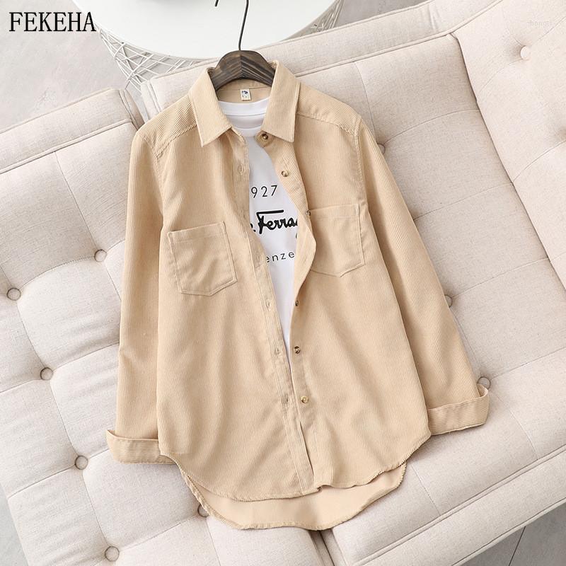 

Women' Blouses Autumn Winter Corduroy Shirts Women Loose Long Sleeve Solid Lady Tops Casual Female Clothes Outwear Two Pockets, Khaki
