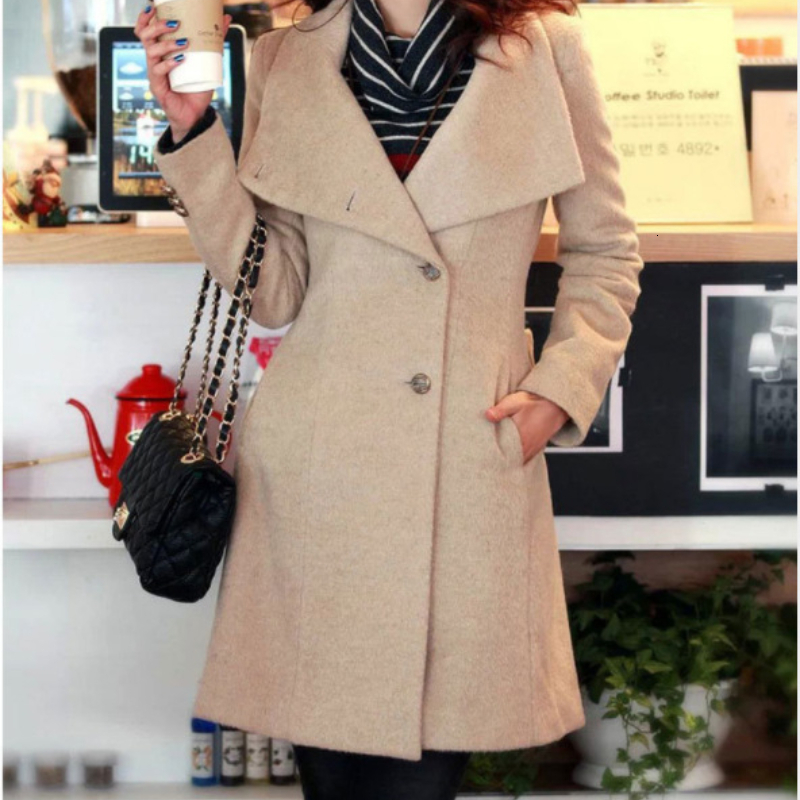 

Women's Wool Blends Women Fashion Lapel Coat Ladies Autumn Winter Manteau Femme Overcoat Cotton Mixing High Quality Long Slim Coats 221114, Kq
