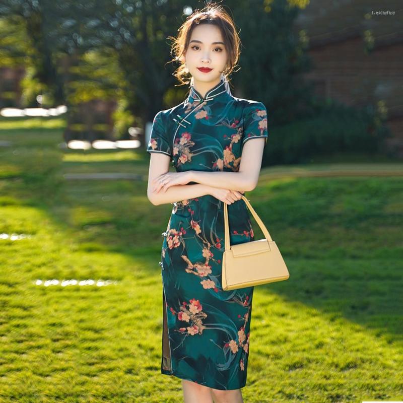 

Ethnic Clothing Vintage Button Qipao Lady Print Floral Slim Cheongsams Short Sleeve Banquet Gown Chinese Mandarin Collar Dress Big Size