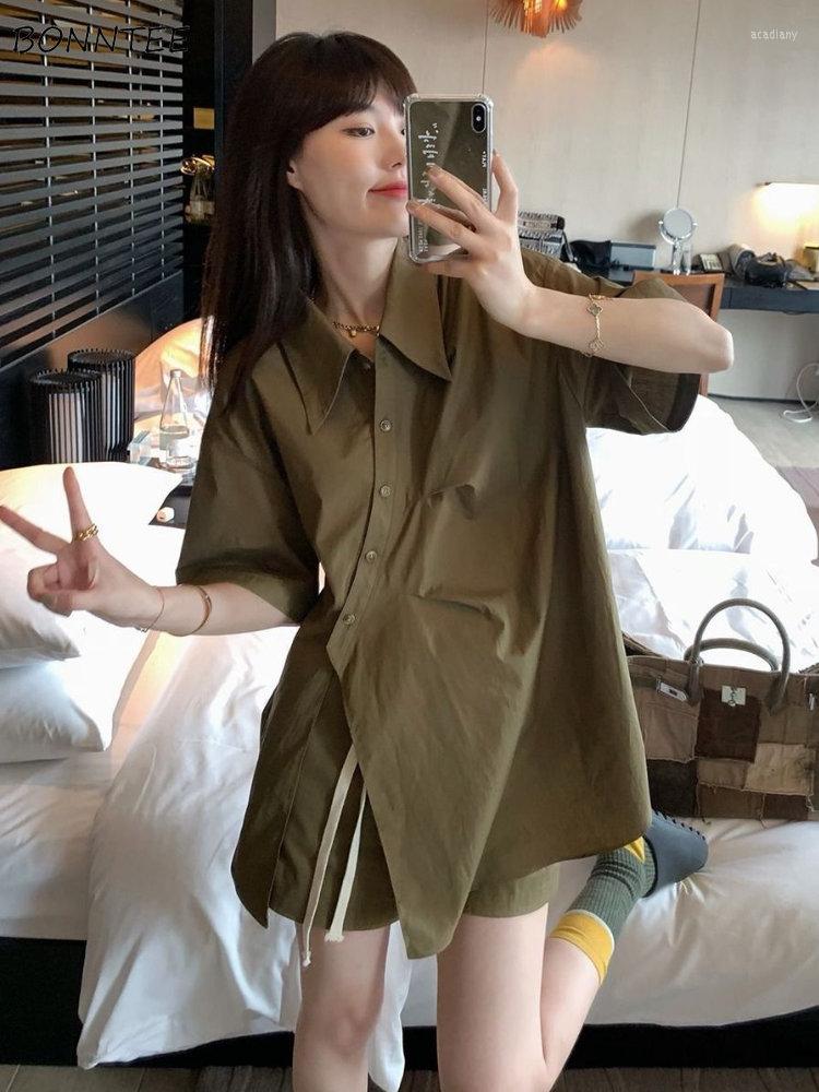 

Women' Tracksuits Women Summer 2 Pieces Sets Simple Asymmetrical Korean Fashion Young Girls Irregular Shirts Drawstring Shorts Chic, 2 pcs sets