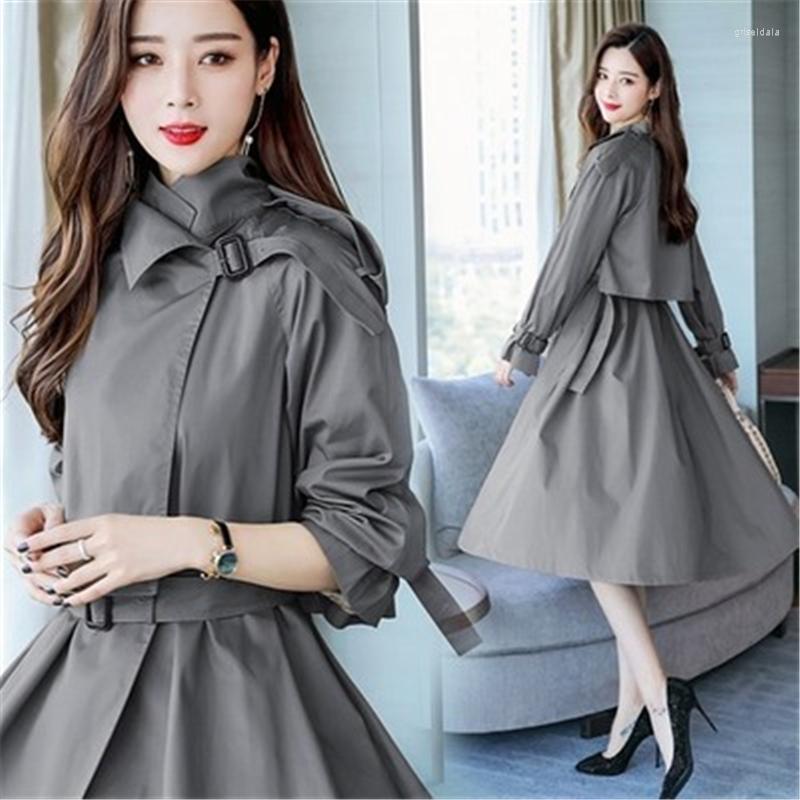 

Women' Trench Coats 2022 Spring Autumn Fashion Collar Button Design Thin Section Long-Sleeved Big Skirt Windbreaker Coat Female Tide H1086, Black
