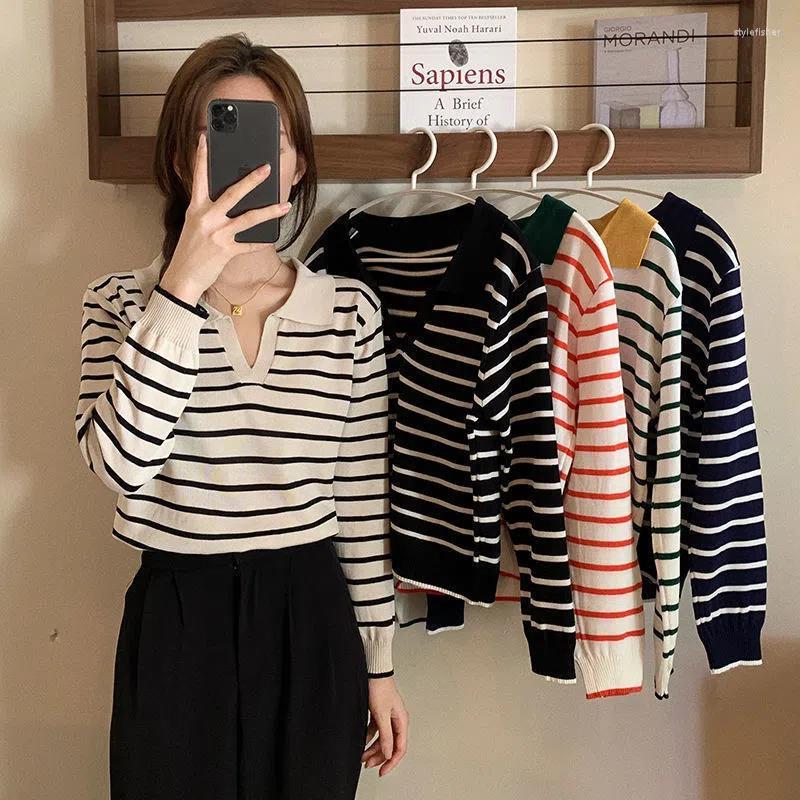 

Women's Sweaters Autumn Preppy Style Striped Knitting Turn-down Collar Long Sleeve Sweater Women Clothing Simplicity Pleated Slim Pullovers, Black