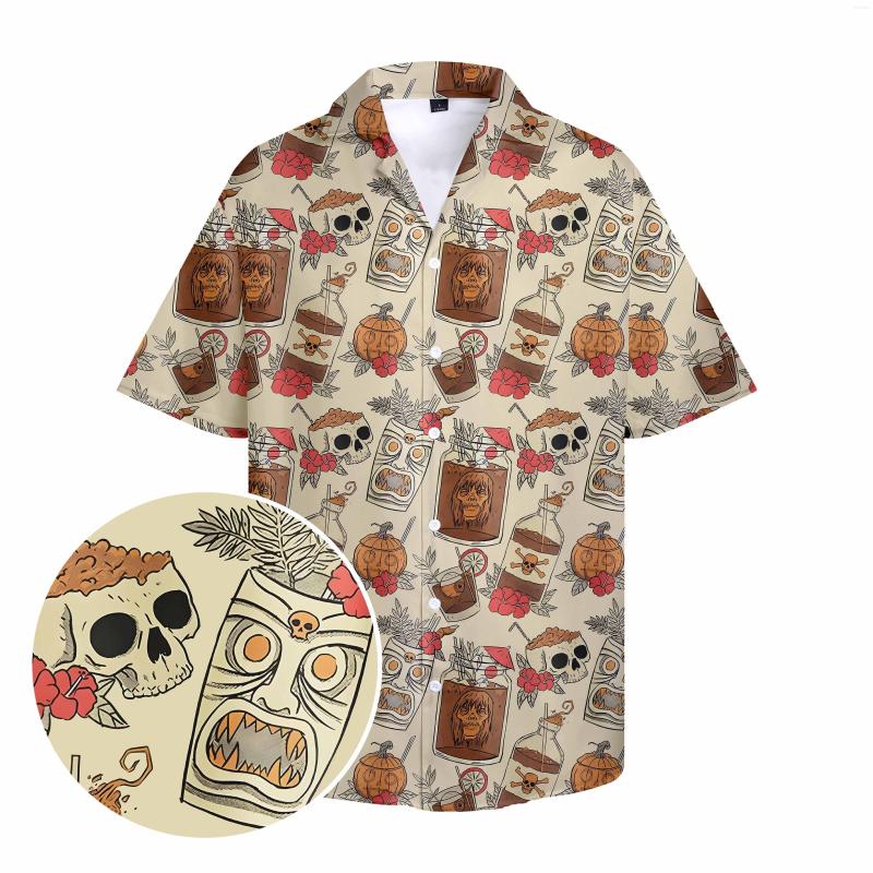 

Men's Casual Shirts Hawaiian Men's Shirt Halloween Skull Pumpkin Drink Printed Y2k Clothing Button Up Summer Plus Size, R101432