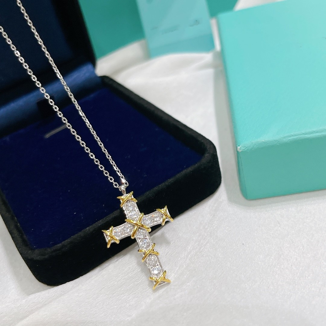 

Luxury Designer Pendant Necklace Schlumberger Top Sterling Silver Full Crystal Cross Gold Bucket Charm Shinning Zircon Choker For Wedding Women Jewelry With Box