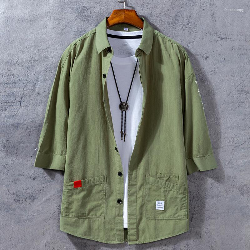 

Men's Casual Shirts Men's Fall Three Quarter Sleeve Coat Korean Japanese Style Fashion Loose Youth Two Big Pocket ArmyGreen Shirt, 911yellow