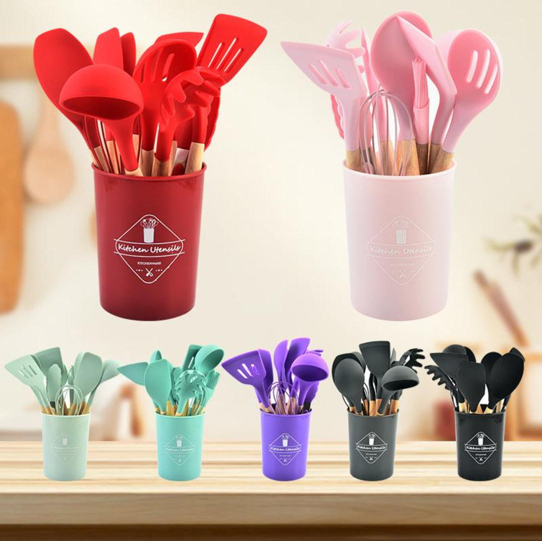 

Silicone Kitchen Utensil Set 12 Pieces/lot Cooking with Wooden Handles Holder for Nonstick Cookware Spoon Soup Ladle Slotted Whisk Tongs Brush Pasta Wholesale AA