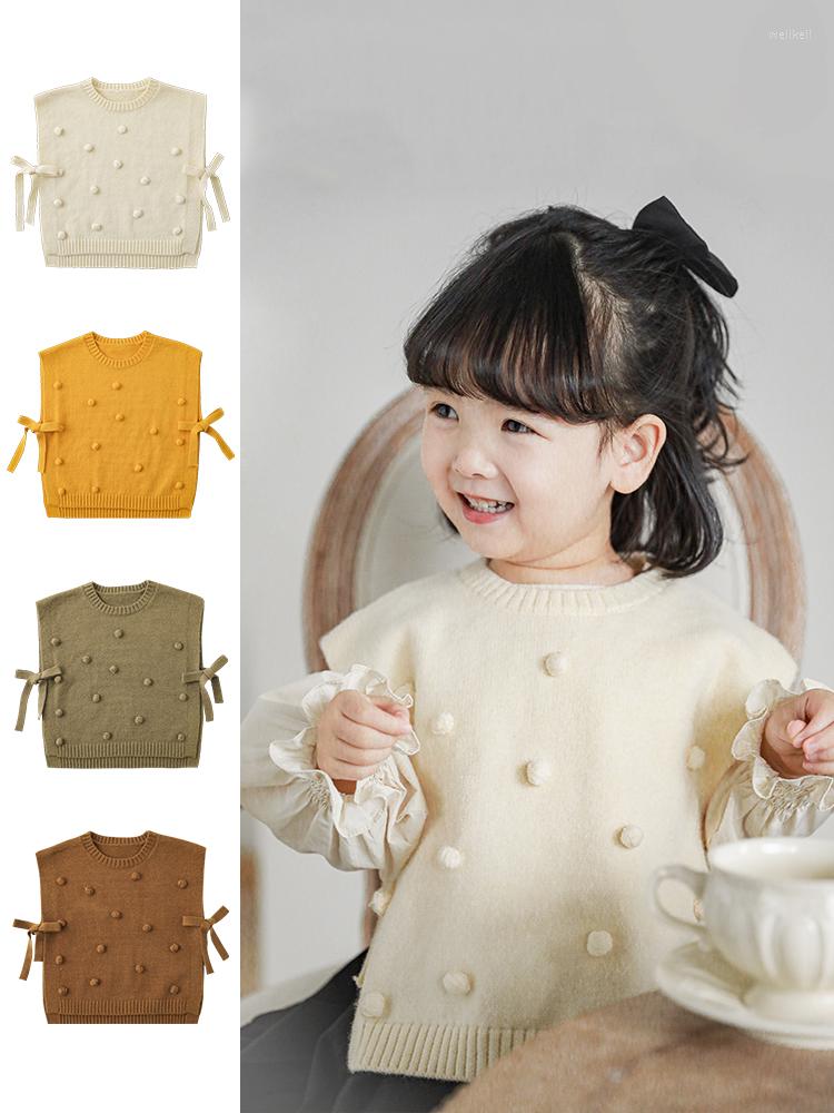 

Clothing Sets Girls Simple Solid Color Shirt Spring Baby Three-Dimensional Hair Ball Bow Knit Sweater Vest, White shirt c1783