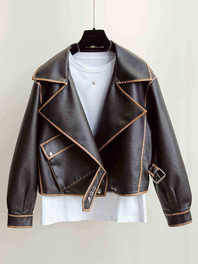 

Ftlzz Spring Autumn New Splicing Color Faux Soft Leather Jacket Women Large Lapel Pu Leather Short Jacket Female Chic Loose Outlet J220727, Black