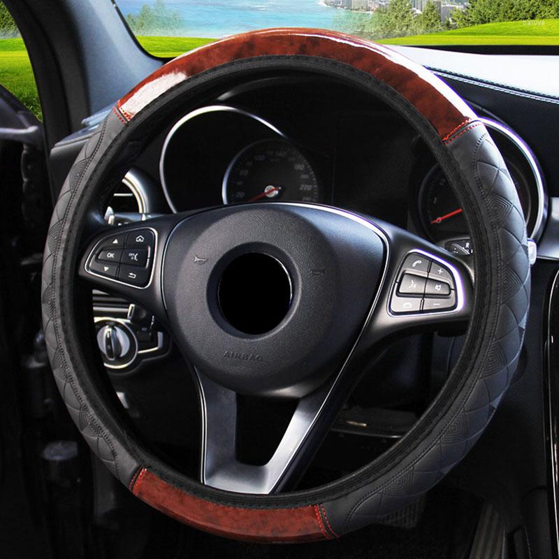 

Steering Wheel Covers 4 Color High Quality Car Wood Grain Mahogany Leather Embossed No Elastic Band Anti-Slip 37-38cm