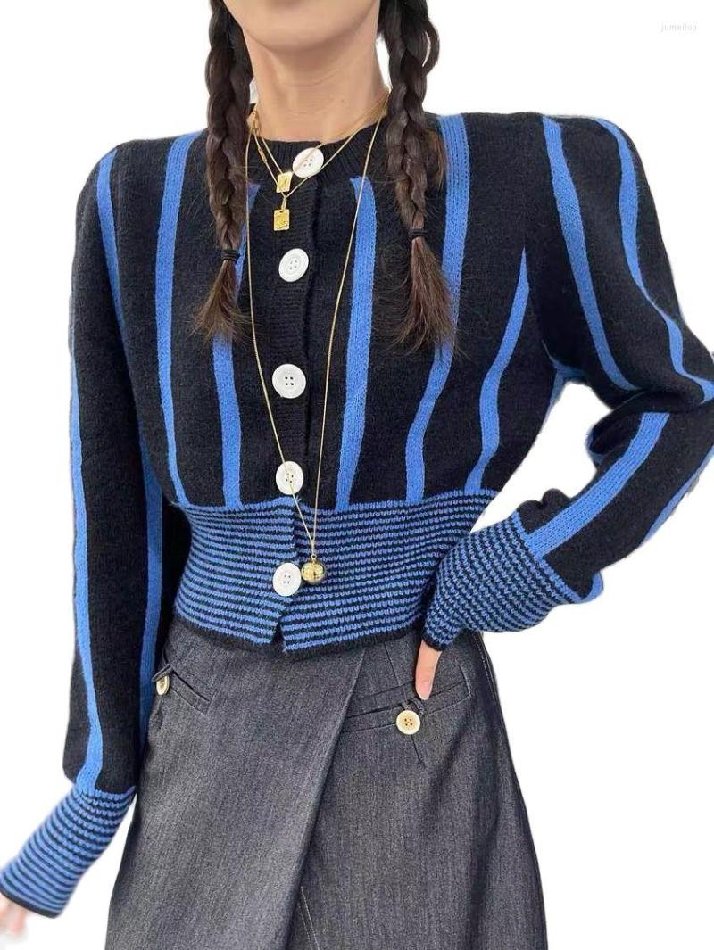 

Women's Knits Striped Knitted Cardigans Short Coats Autumn Korean Women's Long Sleeve Tunic Knitwear Tops Retro O-Neck Single-Breasted, Black