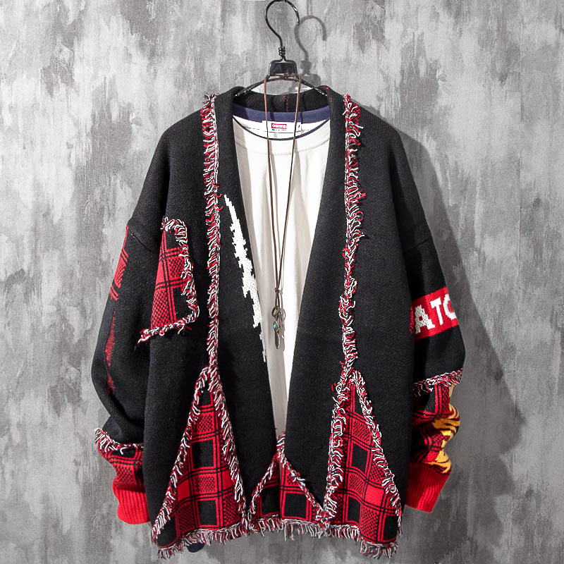 

Men's Sweaters Tassel Cardigan Male Oversized Sweater Harajuku Hip Hop Colorblock Patch Cardigan Fashion Warm Knitted Sweater High Quality Coat 221114, Black