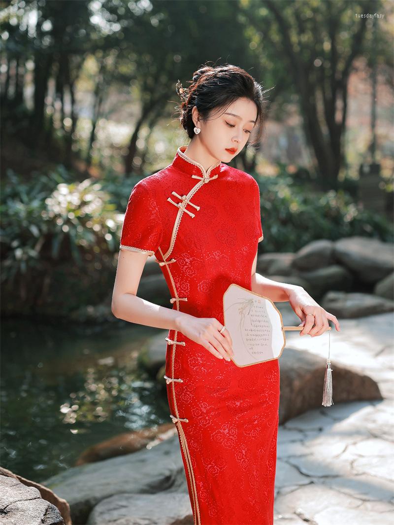 

Ethnic Clothing Burgundy Elegant Mandarin Collar Lace Cheongsam Handmade Buttons Shrot Sleeve Chiffon Qipao Chinese Women Dress