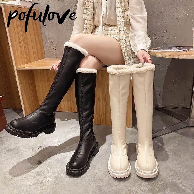 

Boots Pofulove Women Thigh High Winter Knee Fur Black White Flat Leather Thick Plush Warm Botas Platform Shoes 221114