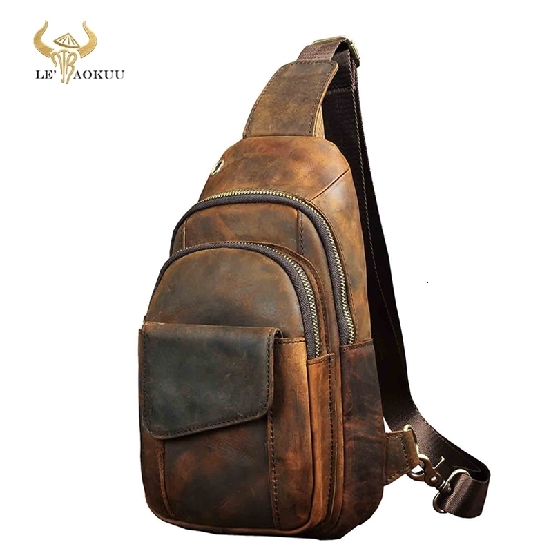 

Evening Bags Men Crazy Horse Leather Casual Fashion Chest Sling 8" Tablet Design Triangle One Shoulder CrossBody Male 8013 221114, Big-10inch-khaki