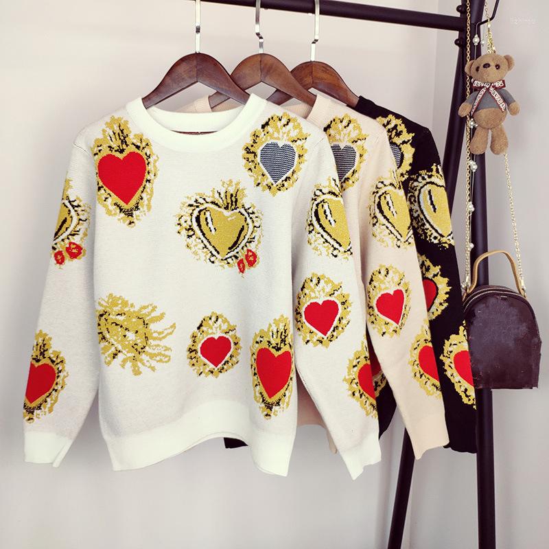

Women's Sweaters 2022 Autumn Sweater Women Winter Heart Pattern Printed Knitwear Pullover Loose Jumper Vintag Warm Office Lady Knitted, Blue