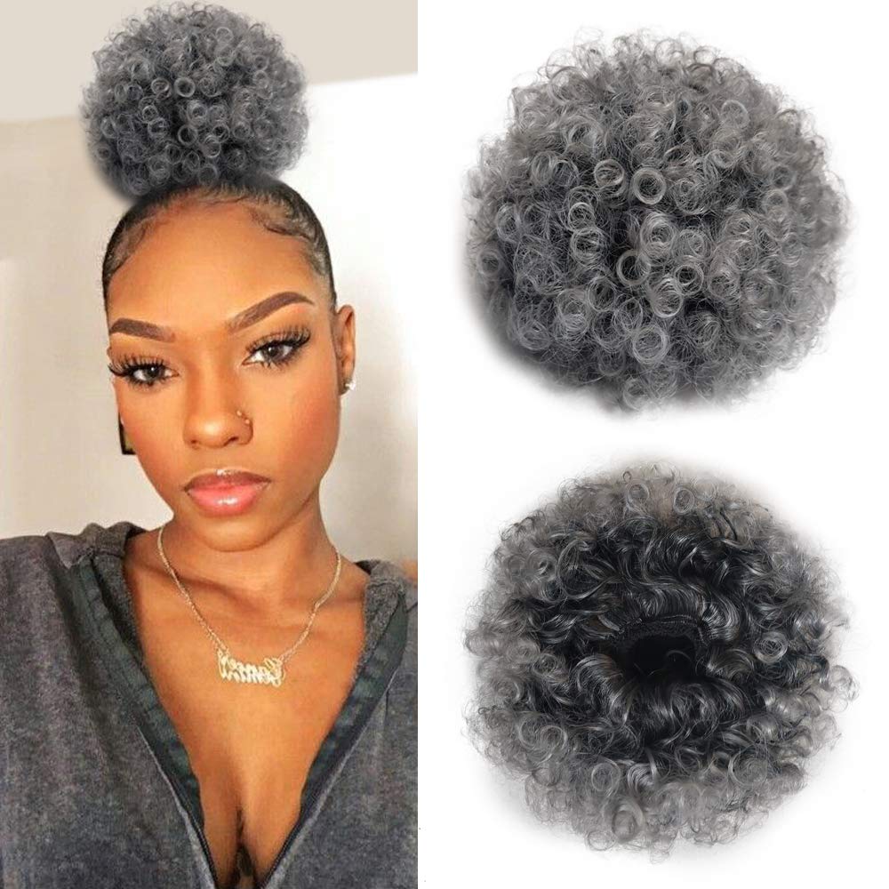 

Ombre Darker Grey Kinky Curly Afro Puff Drawstring Ponytail Short human 4c gray Bun Extensions Updo Hairpieces for Black Women 100g