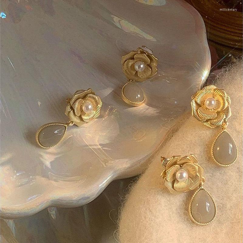 

Dangle Earrings Fashion Korean Style Women Girls Vintage Camellia Opal Elegant Warterdrop Earring Jewelry Ear Rings For Lady