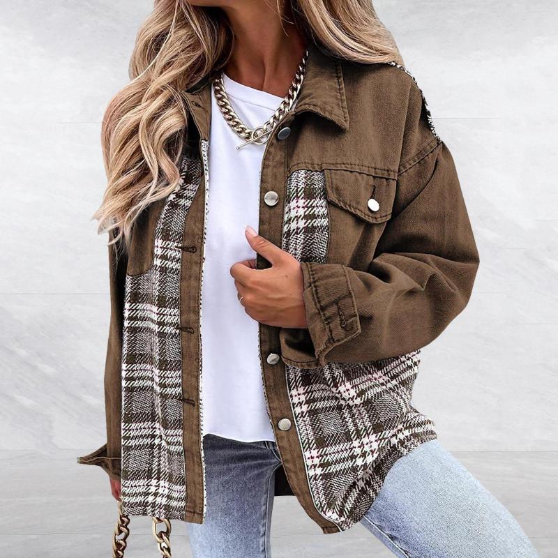

Women' Jackets Women Fashion Casual Plaid Jacket Autumn And Winter Loose Denim Long Sleeve Coat, Blue