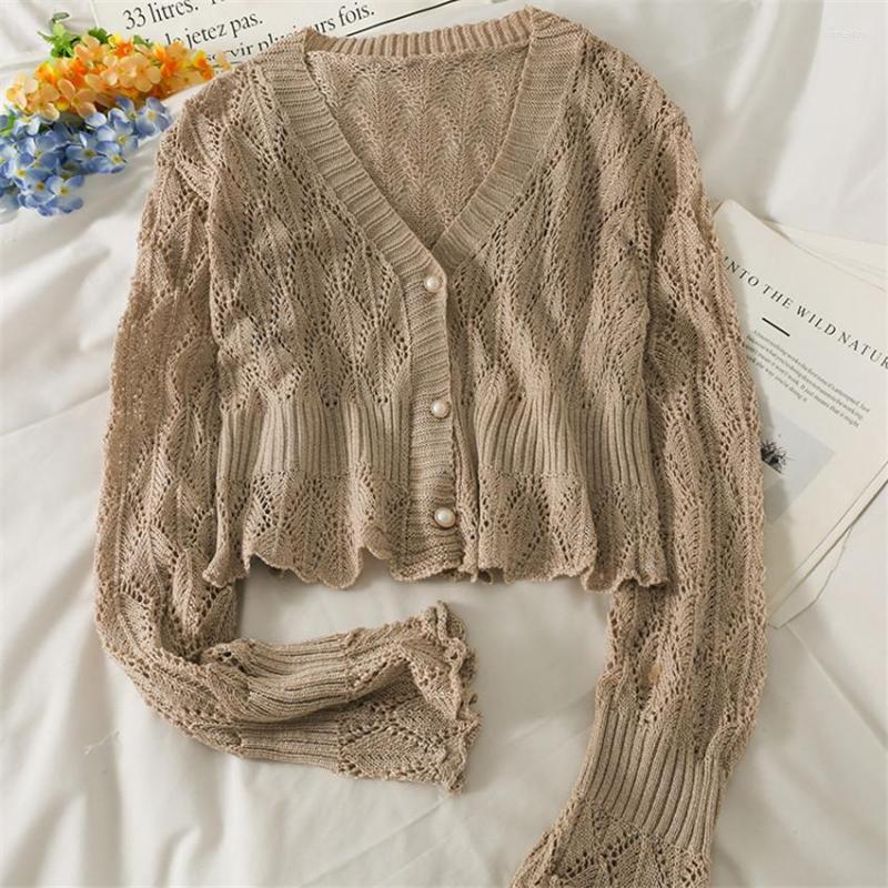 

Women's Knits Spring Autumn Hollow Out Thin Knitted Cardigan Crop Top Long Sleeve Fashion Sweater Coat Women Casual Knitwear Sunscreen Tops, Blue