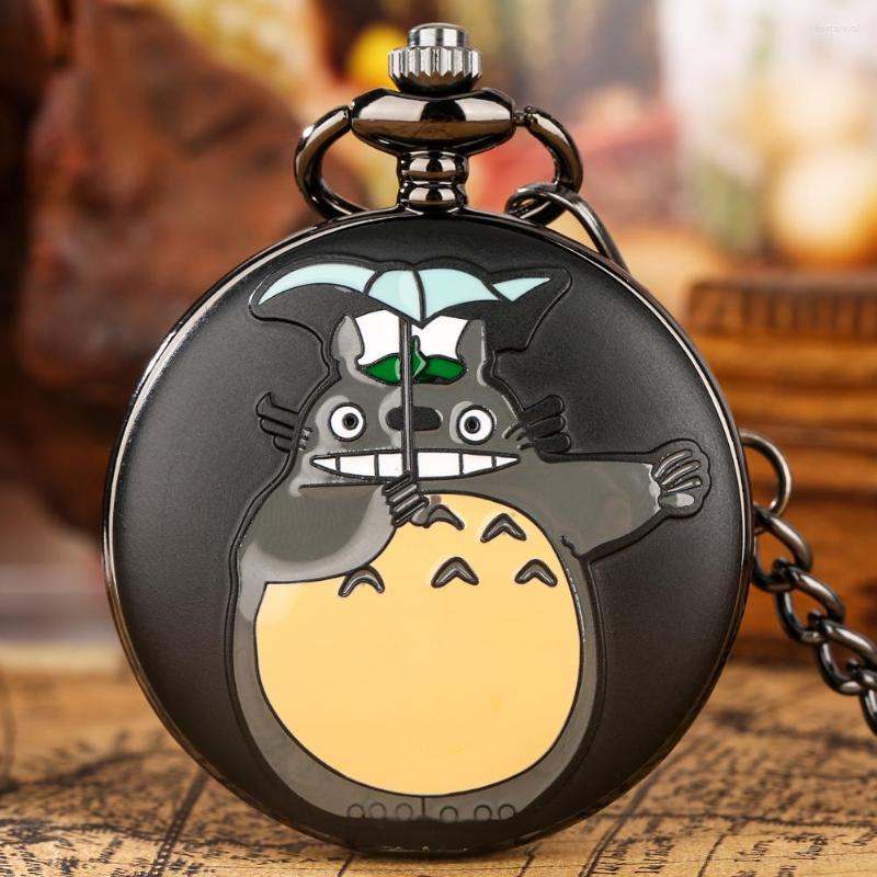 

Pocket Watches Matte Black/Bronze Cartoon Pattern Quartz Watch Kids Men Women Roman Numerals Display Round Dial Vintage Necklace, With necklace chain
